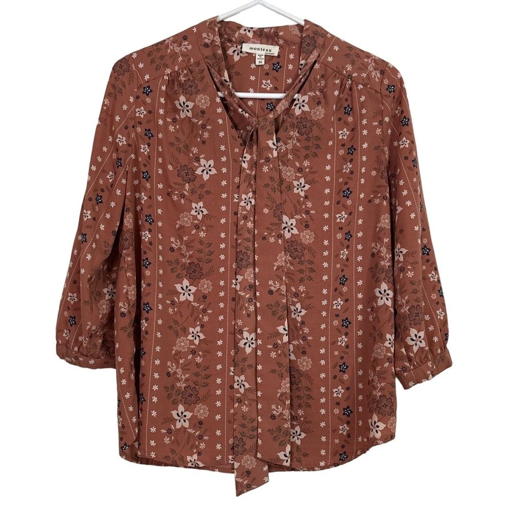Monteau Brown Floral Blouse Bow Tie Neck 3/4 Sleeves Dress Shirt Top Medium